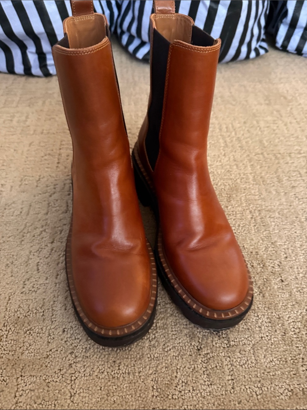 Women’s Tan Leather Chelsea Combat Boots with Pull Tabs